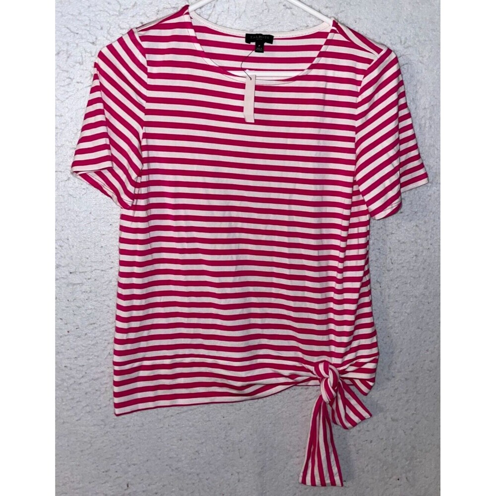TALBOTS Womens Size P Petites Pink Striped Tie Short Sleeve Tee Top Blouse NWT